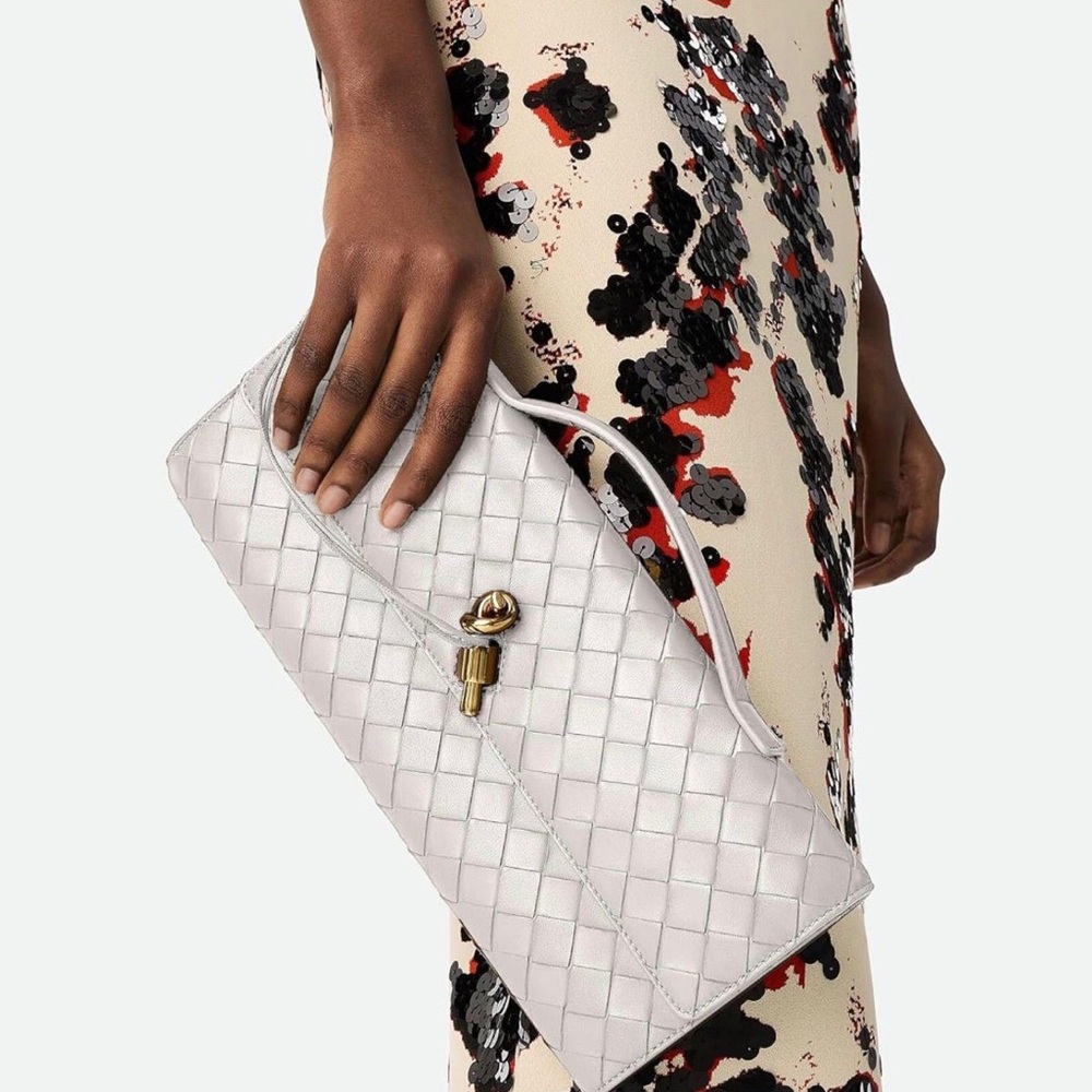 Silver Woven Leather Clutch with Gold Turnlock - Picture 1 of 8